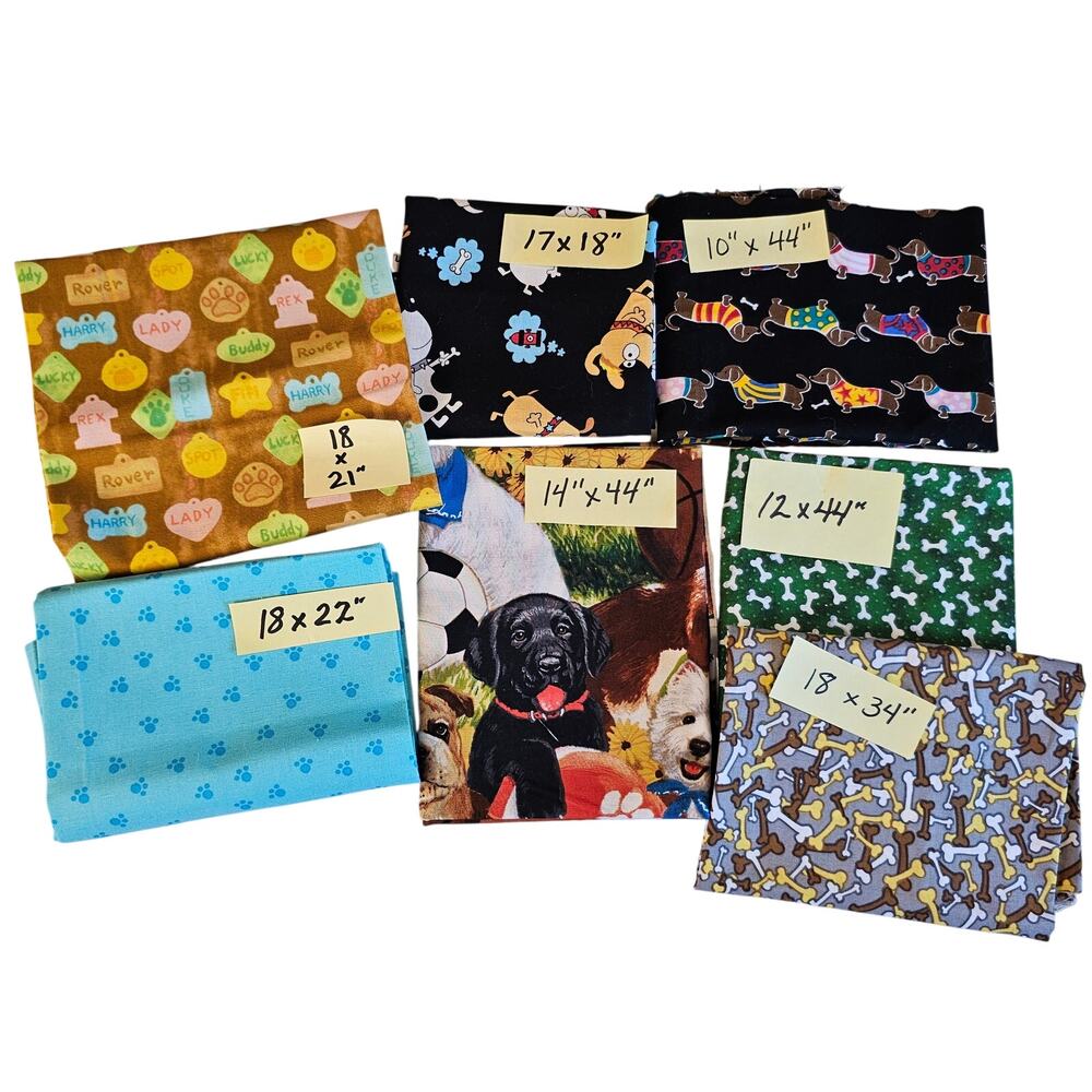 Dog Print Cotton Fabric Lot Paw Bone Puppy Sports 7 Cuts Various Sizes Quilting